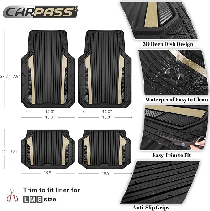 CAR PASS Heavy Duty Rubber Car Mats Metallic, Aluminum Film All Weather Floor Mats Waterproof Universal Trim to Fit for SUV Sedan Van 4 Piece Deep Dish Two-Tone Sporty Black Golden Chrome - Image 3