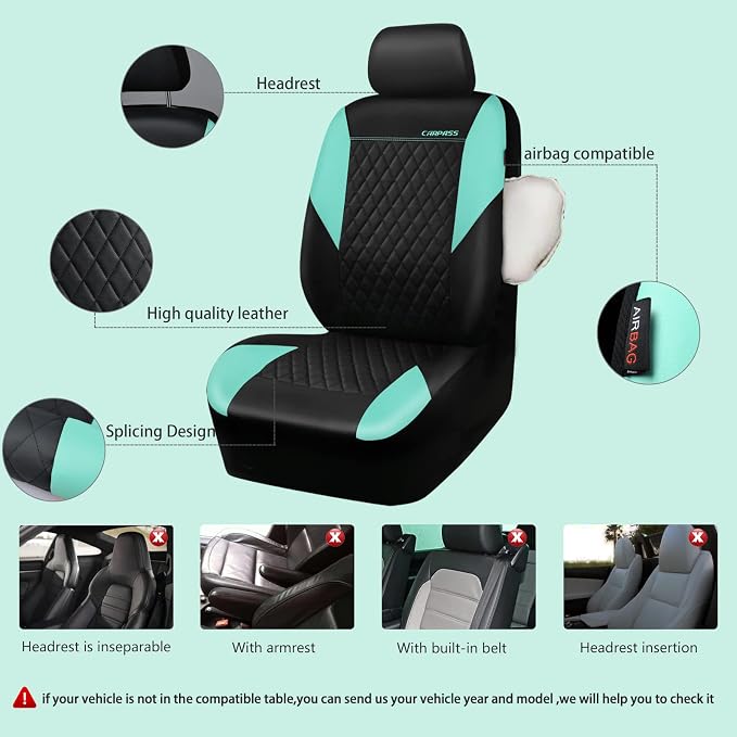 CAR PASS Mint Leather Seat Covers Full Set-Universal Quilting Cute Girly Car Seat Cover with 5mm Composite Sponge Inside,Airbag Compatible,2zipper Bench for Most Sedan,SUV,Truck(Full Set,Mint) - Image 4