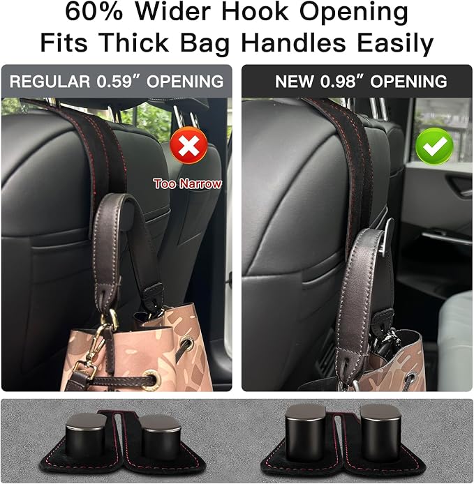 WideFit Car Headrest Hooks, 2 Pack for Wide-Strap Bags, Gray | 0.98 in opening fits thick purse straps. Premium leather and dual metal hooks hold up to 40 lb and rotate 360°. - Image 4