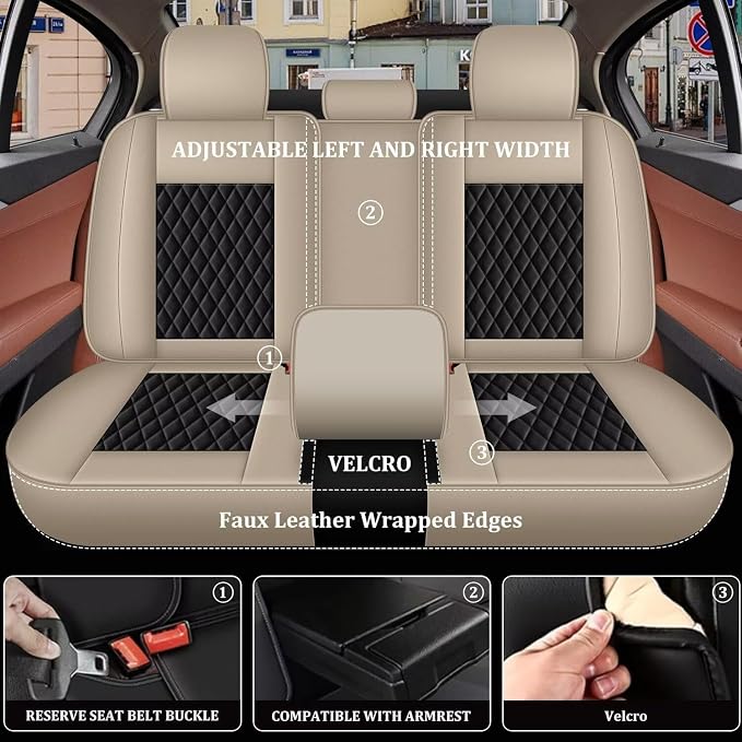 IKABEVEM Car Seat Covers Fit for Infiniti M37 2007-2013 Full Set | Waterproof Faux Leather, Airbag Compatible, Easy to Install & Wipe Car Seat Protector,5 Seats Covers Fit for , Beige&Black - Image 2