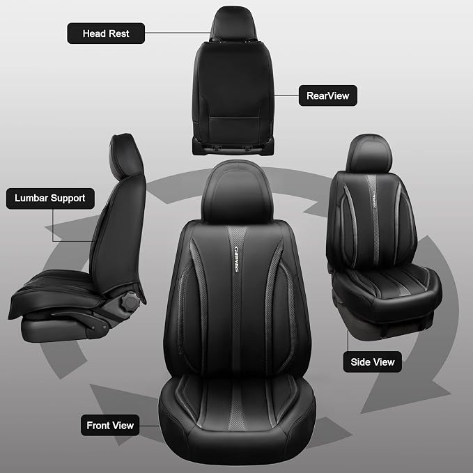 CAR PASS Carbon Fiber Nappa Leather Car Seat Covers Front Only Cushioned Leatherette 2 Piece Padded Waterproof Universal Fit for Cars SUV Truck Pickup Automotive Vehicle Interior, 2PCS Black - Image 7