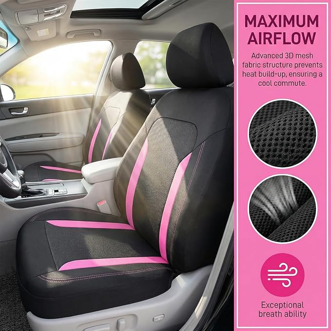 Car Seat Cover Full Set, Breathable Split Anti-Slip Vehicle Front Rear Seat Protector with Removable Headrest Guard, Automotive Interior Chair Protective Covers, Universal Fit (Pink) - Image 3