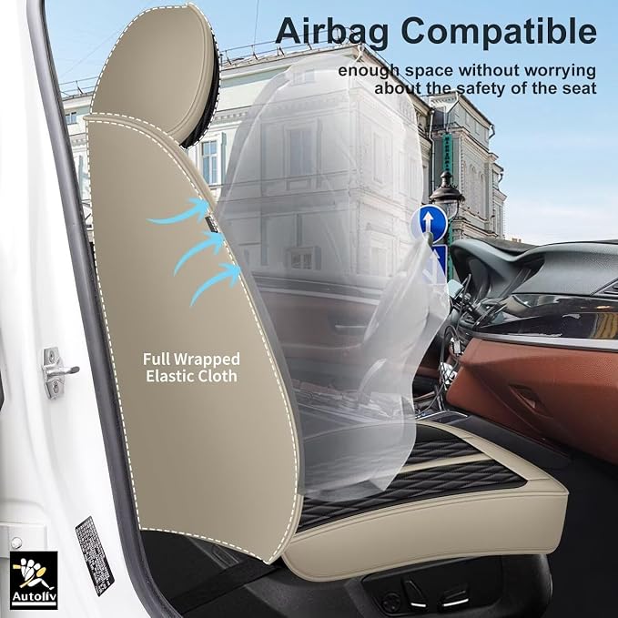 IKABEVEM Car Seat Covers Fit for Infiniti M37 2007-2013 Full Set | Waterproof Faux Leather, Airbag Compatible, Easy to Install & Wipe Car Seat Protector,5 Seats Covers Fit for , Beige&Black - Image 4