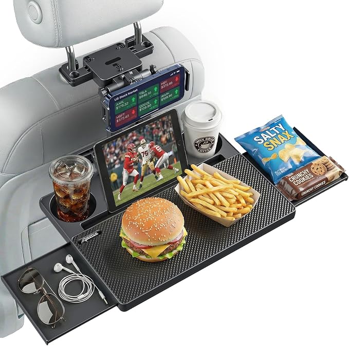 Car Back Seat Tray Table, Stable Foldable Auto Backseat Food Trays Desk for Rear Passenger Road Trip Eating & Work, Multifunctional Adjustable Travel Tray with Phone Drink Holder for Laptop iPad by EverywhereWeGo