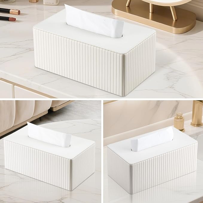 KINGFOM PU Leather Tissue Box Cover Rectangular Tissue Box Holder with Magnetic Bottom, Napkin & Facial Tissue Holder Dispenser for Home, Office for Standard 120-count/160-count (2-Ply) White Stripe - Image 7