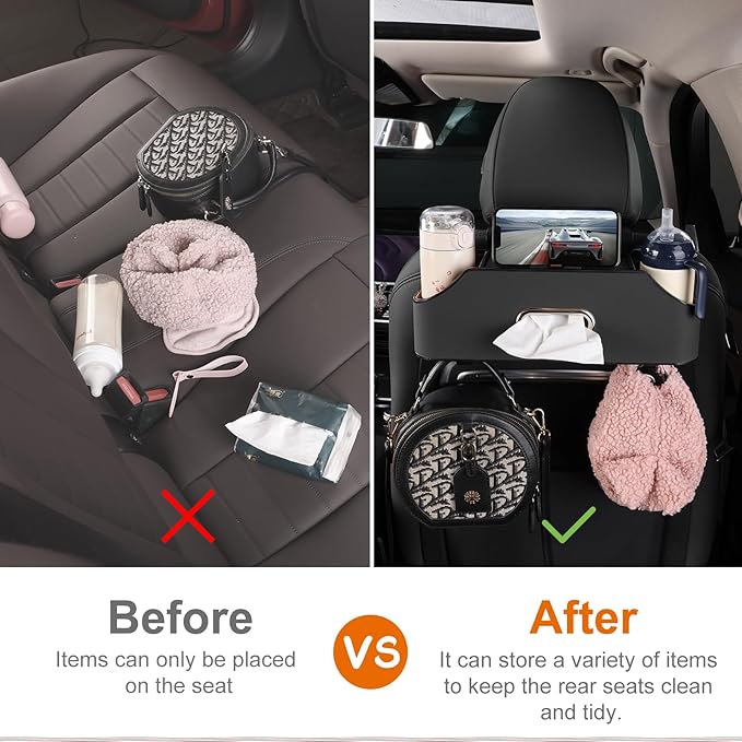 Car Seat Back Cup Holder, 4-in-1 Multifunctional Backseat Organizer with Tissue Box Storage & Hooks (Black) - Image 3