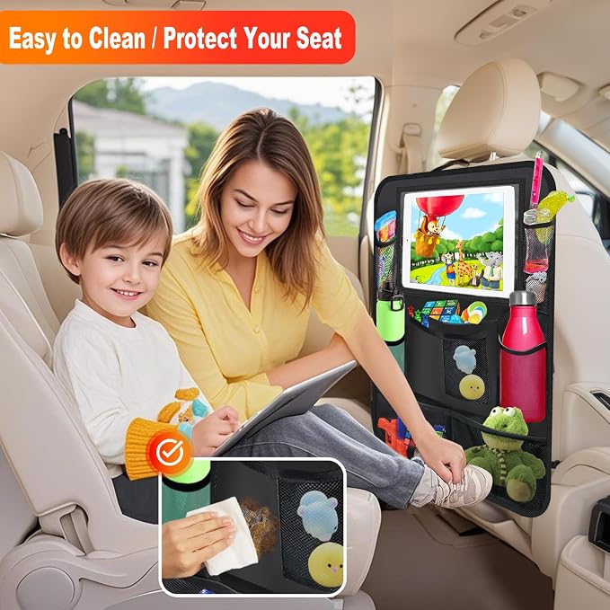Car Backseat Organizer ，2 Pack Car Organizer Back Seat with 11" Tablet Holder, 10 Storage Pockets Seat Back Protectors Kick Mats for Kids Toddlers, Travel Accessories (Black) - Image 4