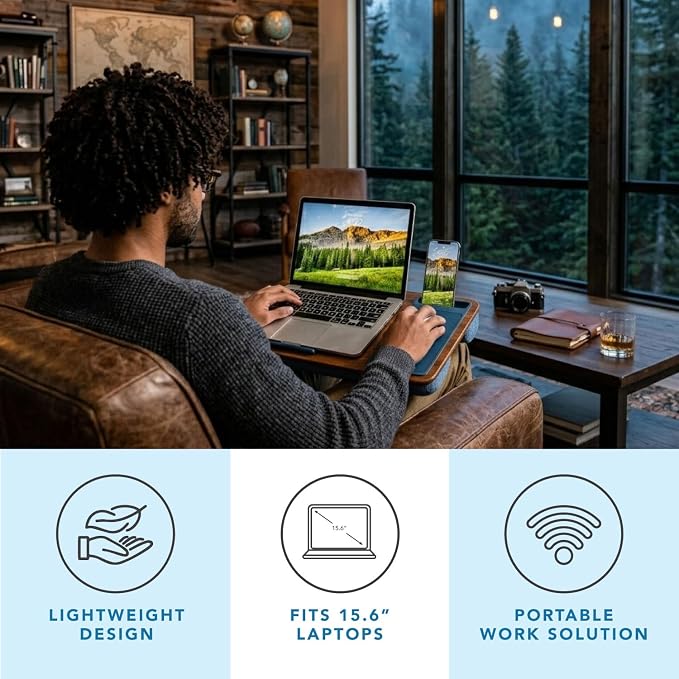 LAPGEAR Home Office Lap Desk – Espresso Blue, Fits 15.6” Laptops | Built-In Mouse Pad & Phone Slot, Integrated Device Ledge, Dual-Bolster Microbead Cushion, Carry Handle - Image 2