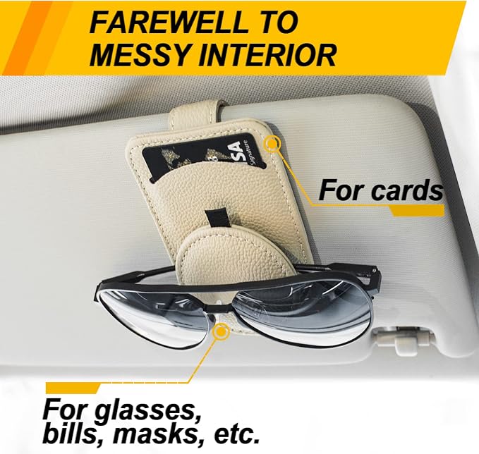 Sunglass Holder for Car Visor, Magnet Adsorbed Sunglasses Holder for Car Accessories Parts, Leather Car Sunglass Holder, Car Visor Sunglasses Clip for Glasses Cards (2PCS, Beige) - Image 3