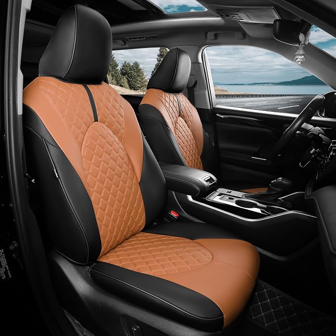 Custom Seat Covers for Toyota Highlander 2020-2026 7 Seats | black brown, faux leather, 2nd row captain chairs, waterproof, breathable, airbag compatible, stain resistant, easy install by FEINEPRO