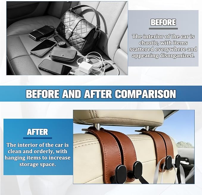 2PCS Car Seat Headrest Hook, Multifunctional Dual Hook Seat Back Purse Bag Storage Organizer, Auto Backseat Hanger Holder for Umbrella Grocery Phones, Universal for Vehicles (Brown) - Image 3