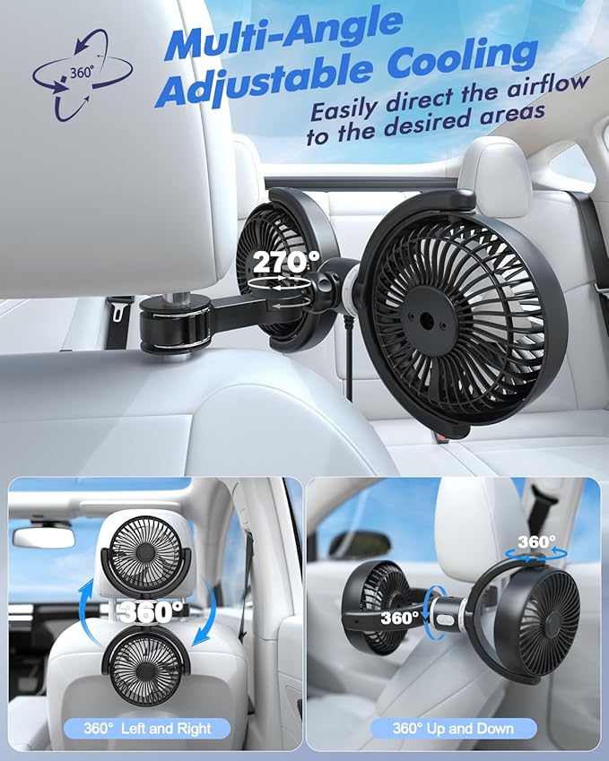 Car Fan USB Powered for Baby Backseat with 3 Speed Separately Controlled | Dual-Head Back seat Fan,Quiet Brushless Motor,360°Rotatable,5V/2A,Air Circulation For Van Truck SUV RV Backrests - Image 5
