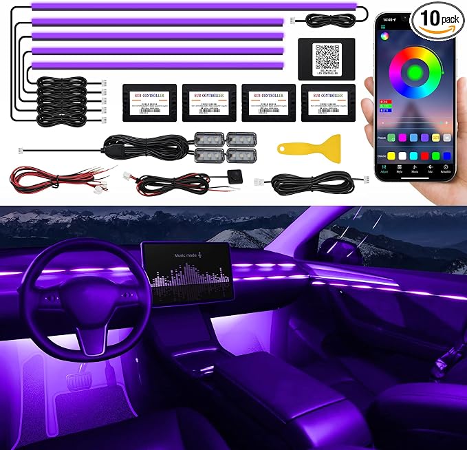 Acrylic Interior Car LED Strip Light with Wireless APP, RGB 10 in 1 with 175 inches 593 LEDs Fiber Optic Ambient Lighting Kits, 16 Million Colors Sound Active Function Car Neon Lights by MAODANER