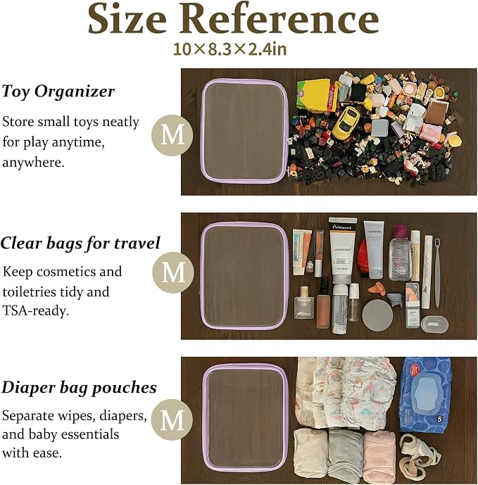 4 pcs Clear Zipper Pouches,Hard Shell Zipper Case, Toiletry Bag for Travel | CLear Diaper Bag, Toiletry Pouch, Travel Organizer, Cosmetic Bag,Toy Storage Bins (M+3S) (Lavender) - Image 4