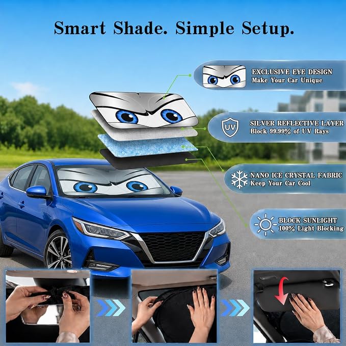 Car Windshield Sun Shade, Universal Fit Compact Sedan SUV, Sport Silver | 57 x 29.5" Car Sun Visor, Foldable Front Window Sunshade, UV Heat Protection, Cute Eyes Series - Image 4