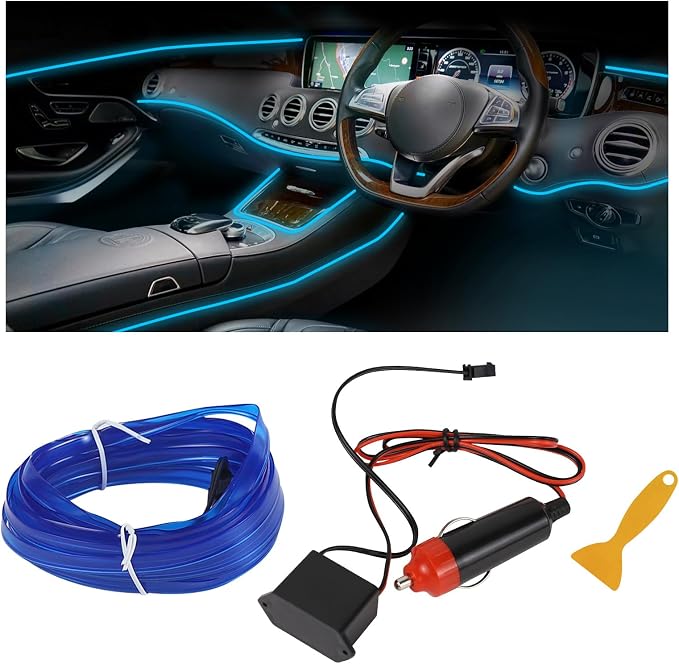EL Wire Interior Car LED Strip Lights, 16.4FT RGB Cigarette Lighter Neon Automotive Light Strip, Electroluminescent Vehicle Ambient Lighting Kit, Interior Decoration Car Accessories (Blue) by Hbxdeco