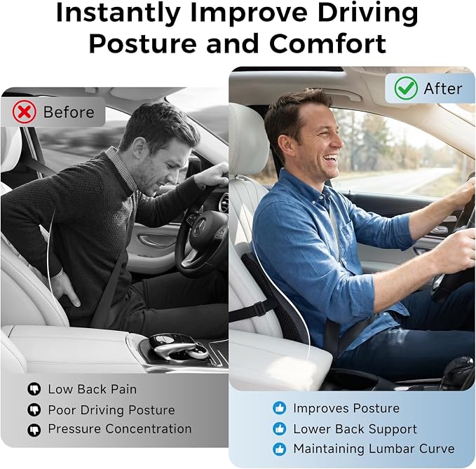 Lumbar Support Pillow for Car & Office Chair - High-Density Memory Foam Back Cushion for Sciatica & Lower Back Pain Relief - Non-Slip Support for Long Commutes & Desk Workers (Gray) - Image 2