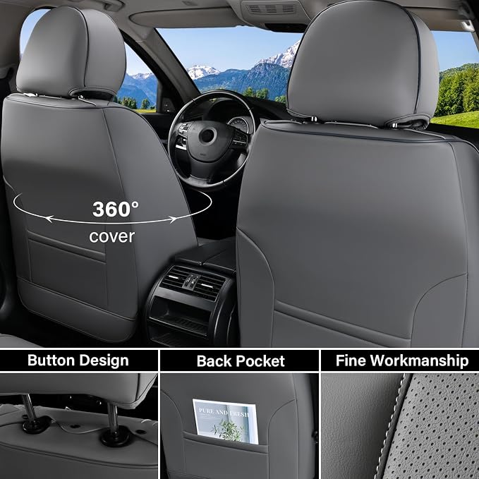 Coverado Car Seat Covers Full Set, Luxury Leather Car Seat Cover, Front and Back Seat Covers for Cars, Waterproof Car Seat Protector, Automotive Seat Covers Universal Fit Most Cars(Gray) - Image 5