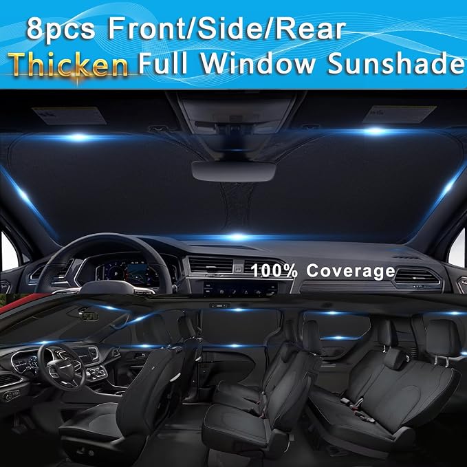 KMF 8pcs Thicken Sun Shades for Chrysler Pacifica 2017-2025 2026 Accessories, Full Car Window Covers Sunshade for Windshield Side Rear, UV Block and Blackout Privacy for Camping Outdoor - Image 6