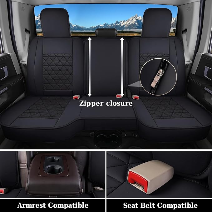 Coverado Ram Seat Covers Full Set, Waterproof Ram 1500 Seat Cover Compatible with 2002-2026 Dodge RAM 1500 2500 3500 Crew Quad Cab with Curved Bench, Black - Image 3