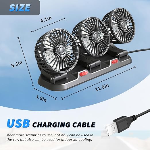 Portable 3-Head Car Cooling Fan with USB Plug | Powerful Airflow Fan for Vehicles Cars Taxi and Road trips - Image 7