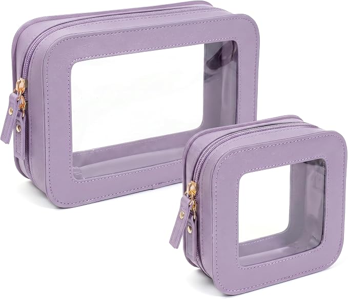 Makeup Bag Set Cosmetic Pouch for Women Waterproof PU Leather,Travel Toiletry Bag Cute Makeup Organizer Purse Pouch Preppy Pencil Case with Zipper (2Pack-Standard&Square, Purple) by LETGO