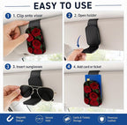 Leather Magnetic Sunglass Holder for Car Sun Visor, Cute Eyeglass Ticket Card Hanger Clip, Universal Auto Interior Accessories for SUV Pickup Truck, Red Rose - Image 5