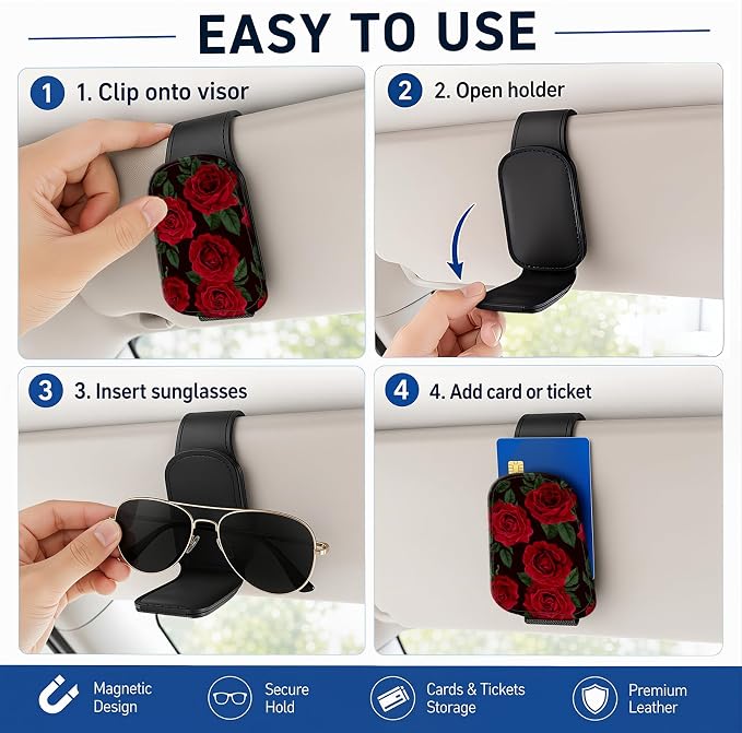 Leather Magnetic Sunglass Holder for Car Sun Visor, Cute Eyeglass Ticket Card Hanger Clip, Universal Auto Interior Accessories for SUV Pickup Truck, Red Rose - Image 5