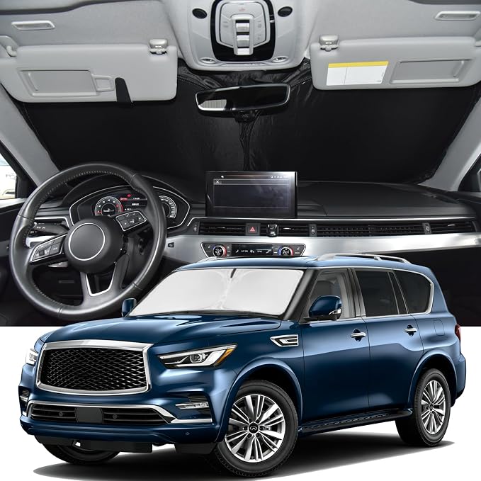 Windshield Sunshade for Infiniti QX80 2014-2024 Sun Shade | Upgrade 4 Layers Blocks UV Rays Custom Fit QX80 240T Car Window Shades Front Windshield Keep Cool Foldable Car Accessories by ZOIBVCARSUNSHADE