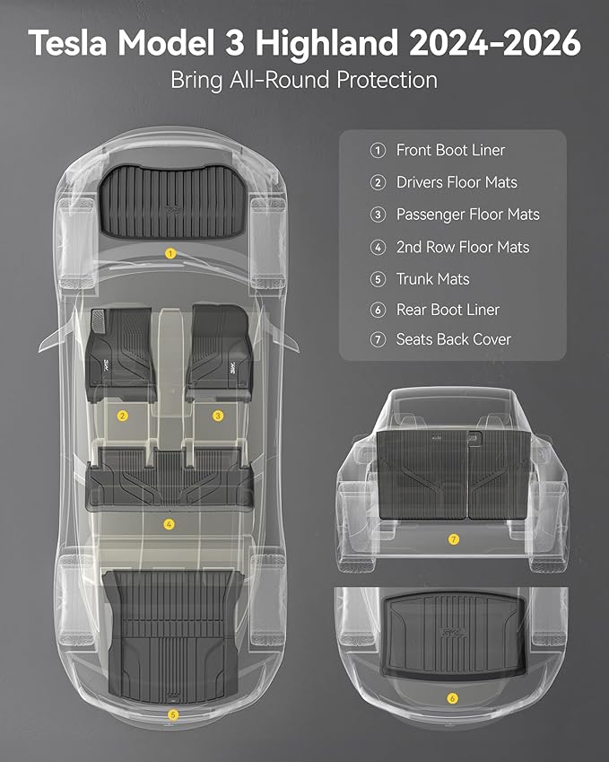 3W Floor Mats with Metal Pedal for Tesla Model 3 Highland 2024-2026 | Full Set with Seatback Protector, TPE All Weather Custom Fit Rear Trunk Mat,Cargo Liner Model 3 Accessories, Black - Image 2