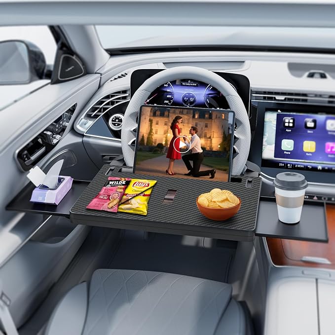 Steering Wheel Tray, Car Food Tray, Car Desk for Laptop, Carbon Fiber Look Multipurpose Car Table for Eating & Work, Adjustable Car Tray with Drawer and Anti-Slip Protective Adhesive - Image 9