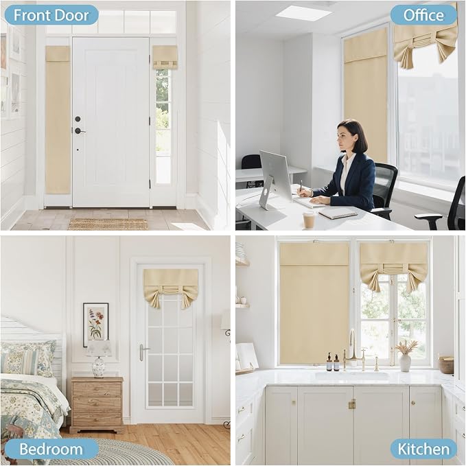RYB HOME No Drill 12 inch Curtains for Sidelight French Door Curtain | Narrow Blackout Window Shade, Entry Glass Door Cover, Renter Friendly Blackout Curtains, W12 x L72, Biscotti Beige, 1 Panel - Image 9