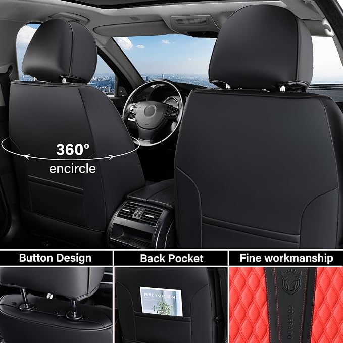 Coverado Car Seat Covers Front Seats, Luxury Faux Leather Seat Covers for Cars Waterproof Seat Covers with Lumbar Support, Car Seat Protector Universal Fit for Most Cars SUV Truck(Red&Black) - Image 2
