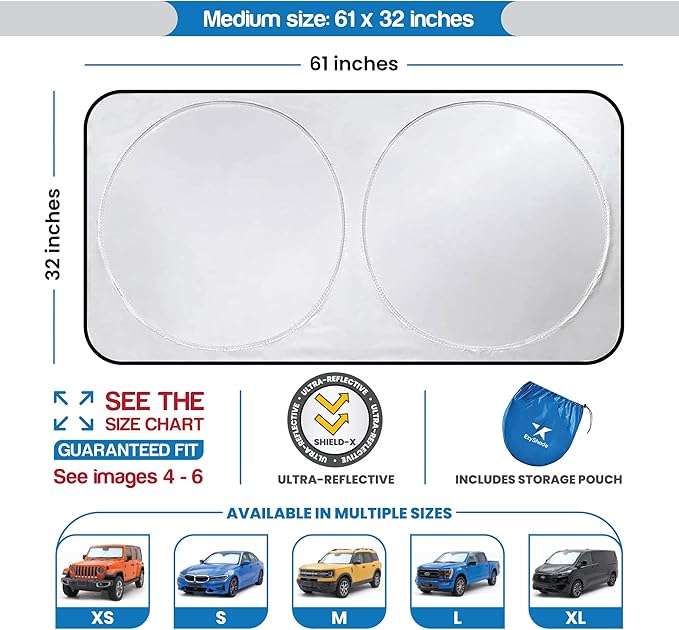 EzyShade Car Windshield Sun Shade. See Vehicle Size-Chart. Medium (M) Size | Foldable 1-Piece Sunshade with Shield-X Reflective Technology. Sun Visor for SUV, Truck, Car Window Front. See Size Chart - Image 3