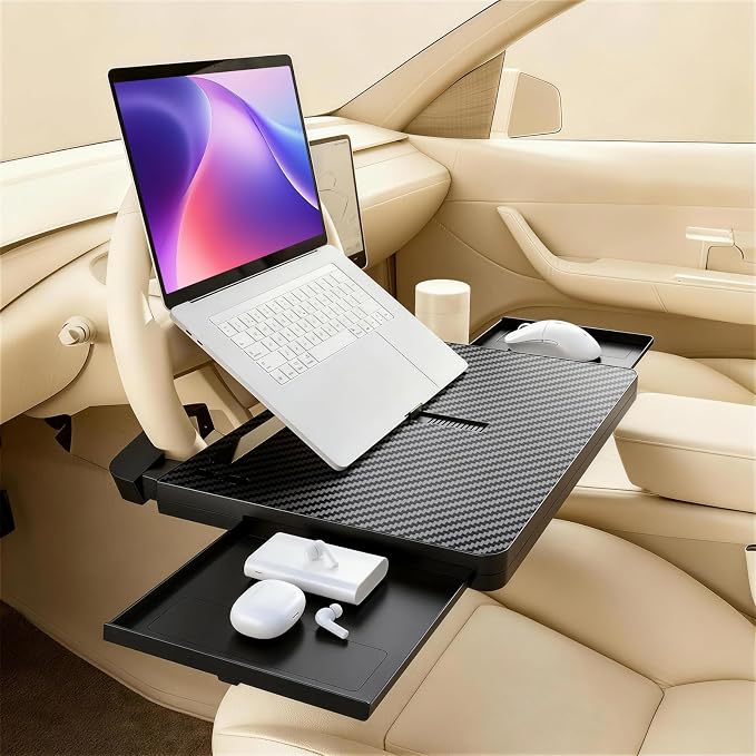 Large Steering Wheel Tray Table, Car Desk For Laptop, Car Trays For Eating And Working, Steering Wheel Table For Most Cars, Adjustable Car Food Tray With Dual Slide-Out Trays (Carbon Fiber Look) by Home