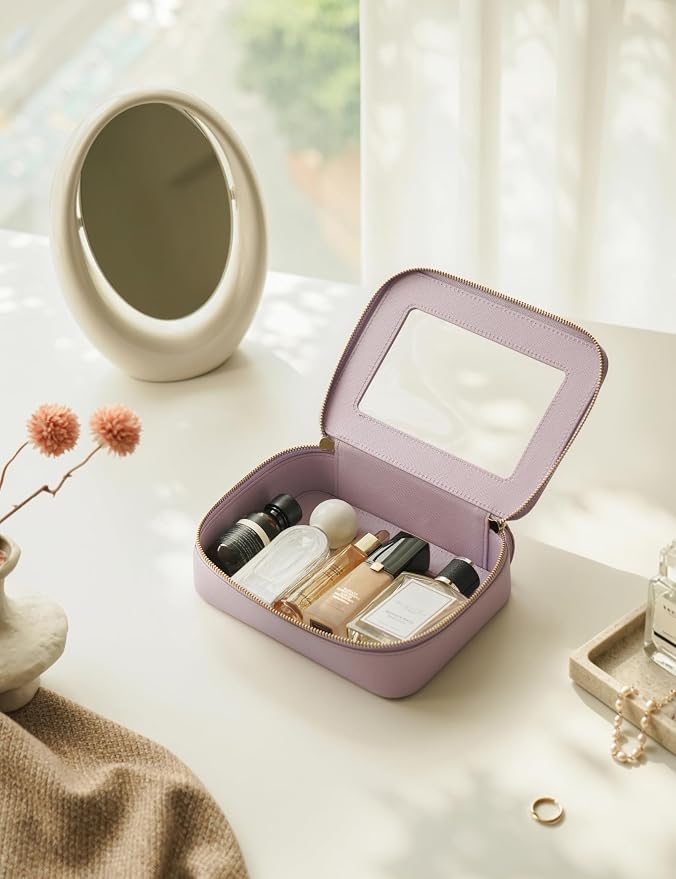 Clear Makeup Bag with Zipper, Set of 2, Mini and Medium, Purple | Clear Travel Bags for Toiletries, Structured Cosmetic Case for Women, Waterproof PU Leather, Wide Open Portable Car Organier - Image 8