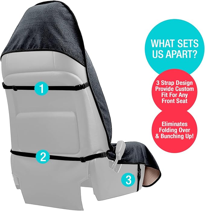 Terry Cloth Sweat Towel Seat Cover; Carseat Towel Protector; Great for Gym Workout; Waterproof; Universal Fit for Car SUV Van Truck; EZ fit; Non Slip Grip; Machine Washable; 2pc Grey - Image 5
