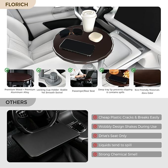 Wooden Car Tray Table with 360° Rotation, Height-Adjustable Car Desk for Laptop, Detachable Car Trays for Eating, Sturdy Steering Wheel Tray, Car Accessories Compatible with Tesla & Most Vehicles - Image 3