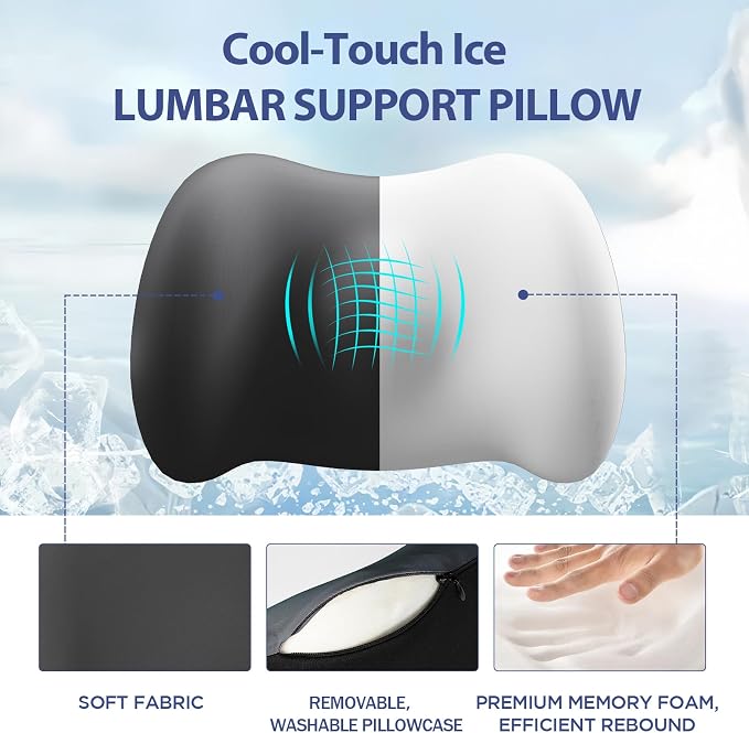 Cooling Lumbar Support Pillow for Office Chair,Memory Foam Car Back Cushion | Cool-Touch Lumbar Pillow Lower Back with Adjustable Straps, Ergonomic Chair Back Pillow for Office, Car, Gaming Chairs - Image 4