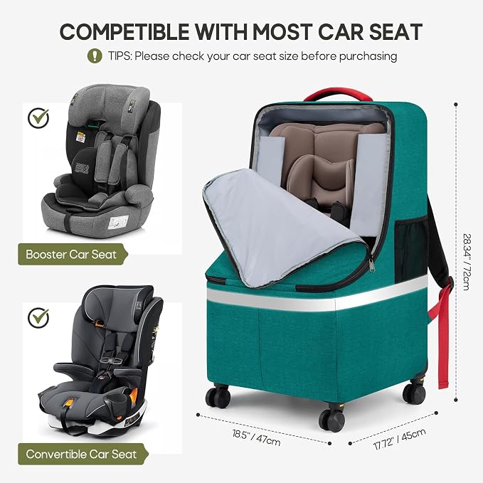 RAINSMORE Padded Car Seat Travel Bag for Airplane with Spinner Wheels | Heavy Duty Carseat Backpack for Air Travel Large Rolling Airport Gate Check Bags Fits Baby Car Seats & Boosters - Image 3