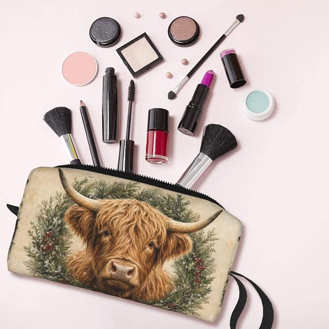 Highland Cow Evergreen Wreath Makeup Bag for Women, Cosmetic Pouch | Double-Sided Highland Cow Wreath Cosmetic Organizer with Foam Padding for Women, Travel, Gym, School, and Daily Storage - Image 6