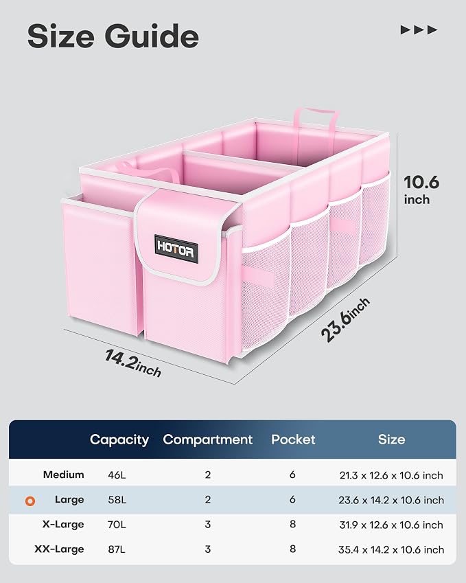 HOTOR Trunk Organizer - Foldable Car Organizer for SUVs & Sedans Storage | Sturdy Car Organization for Men & Women, Car Accessories, Tools, Sundries, Pink, 2 Compartments, 23.6" x 14.2" x 10.6" - Image 2