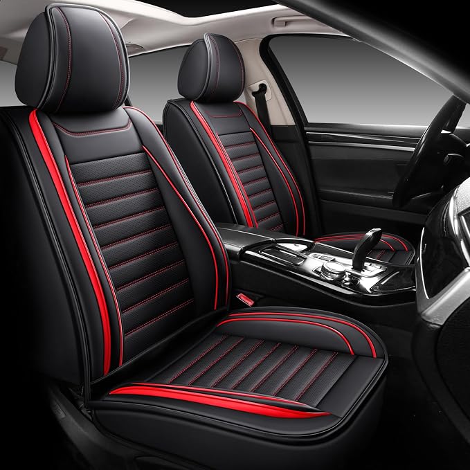 MINGBRON Leather Car Seat Covers Full Set, Universal Faux Leather Car Seat Covers 5 Seats, Automotive Seat Covers for Most Sedans SUVs Trucks, Front and Rear Seat Covers,Wine Red - Image 2