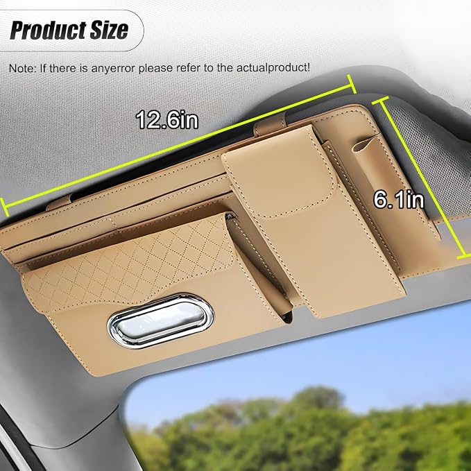 ZIMISI Leather Car Visor Organizer, Sun Visor Storage Bag, Car Tissue Holder, Multi-Pocket Document Holder, Vehicle Travel Accessories for Pen, License, Cards, Sunglasses, Tissues (Khaki) - Image 2