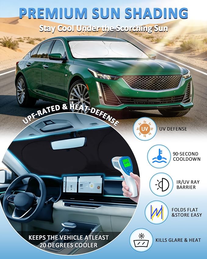 Windshield Sun Shade for Cadillac CT5 2020-2024 2025 2026, Custom-Fit CT5 Sun Visor Protector, 99% UV Block Heat Sun Shield, Silver Reflective Front Window Sunshade - Image 2