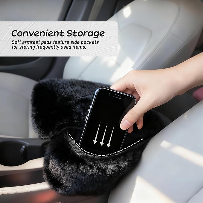 Fluffy Car Armrest Cover with Side Pockets – Plush Fuzzy Fur Center Console Armrest Cushion Pad, Universal Winter Car Interior Protector, Soft Arm Rest Cover with Storage for Women & Men (BLACK) - Image 4