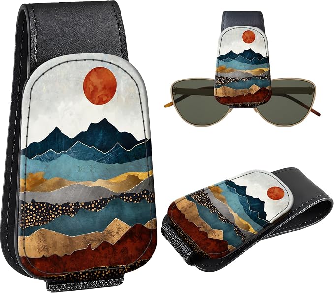 Leather Magnetic Sunglass Holder for Car Sun Visor, Cute Eyeglass Ticket Card Hanger Clip, Universal Auto Interior Accessories for SUV Pickup Truck, Sunset Mountain by Unknown