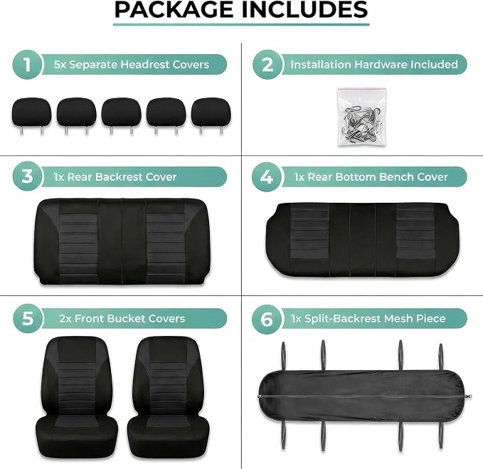 FH Group Automotive Car Seat Covers Full Set Premium 3D Air Mesh Front Seat Covers, Airbag Compatible & Split Bench Cover Universal Fit Interior Accessories for Cars Trucks and SUVs - Black - Image 7