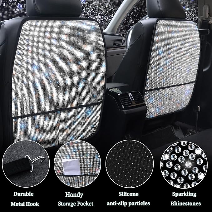 Bling Crystal Car Seat Back Kick Protectors with Storage, Sparkly Diamond Kick Mats, Universal Seat Protector for SUV and Automotive Crystal Auto Accessories for Women White 2pcs - Image 2