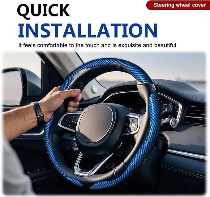 3pcs Universal Carbon Fiber Steering Wheel Cover - Anti-Slip & Segmented Design, Universal 99% Durable Steering Wheel Protector for Men and Women, Car Interior Accessory (Blue) - Image 6